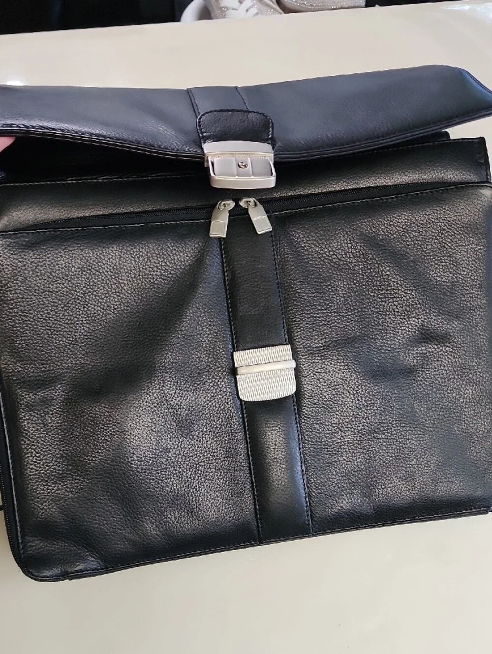 Pelle Studio Black Leather Briefcase with Silver Lock
